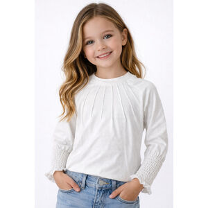 Girl’s Long Sleeve Smocked Cuff Shirt – White – Size 5–6Y – NWT